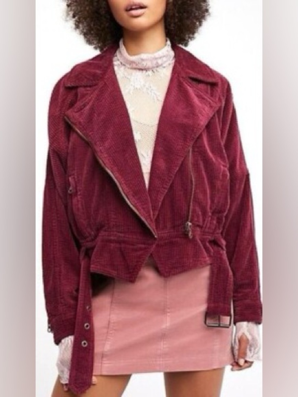 Free People Slouchy Dolman Moto Corduroy Burgundy Jacket Size Large
